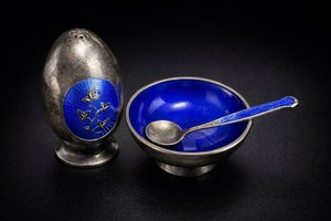 Antique Silver Cobalt Enamel Egg Salt Shaker with Matching Salt Cellar Spoon