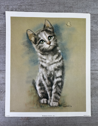 Vintage 11”x 9” Print Gray Tabby & Butterfly Silton Bernard Picture Co. AN 133