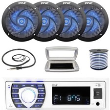 Pyle Single-DIN Marine MP3 Radio W/White Cover, 4x 4" 100W Max Blue LED Speakers