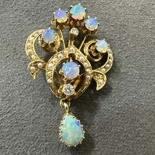 Antique 14k Yellow Gold Opal, Diamond and pearl Pendant Brooch Fine Jewelry
