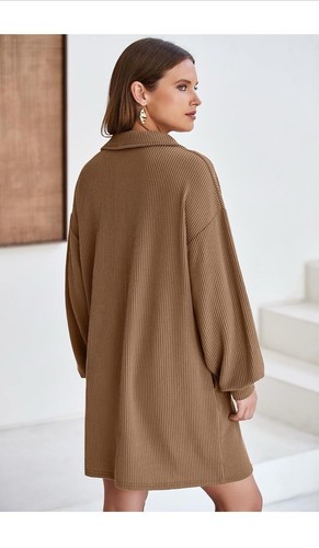 AlvaQ Womens Long Sleeve Dress Loose Button Front Lapel Collared Ribbed - Picture 2 of 3