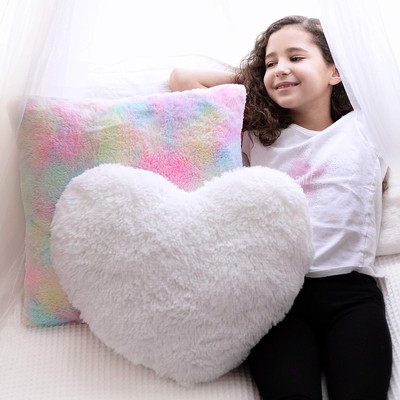 PERFECTTO Set of 2 Decorative Throw Pillows for Girls. White Fluffy Heart and...