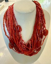 Red Glass Multi-Strand Beaded Statement Necklace, Ball/Bead Chain