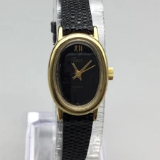 Timex Womens Oval Gold Tone Watch 18mm Black Dial Leather Band New Battery