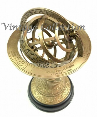Antique Brass Armillary Sphere Globe on Wooden Base Nautical Astrolabe Decor