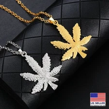 Men Retro Stainless Steel Simple Cannabis Marijuana Leaf Pendant Necklace 0349