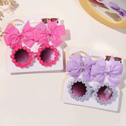 3pc Girls Cheer Bow & Flower Sunglasses Set – Hair Clips Kids Gift UK - Picture 5 of 18