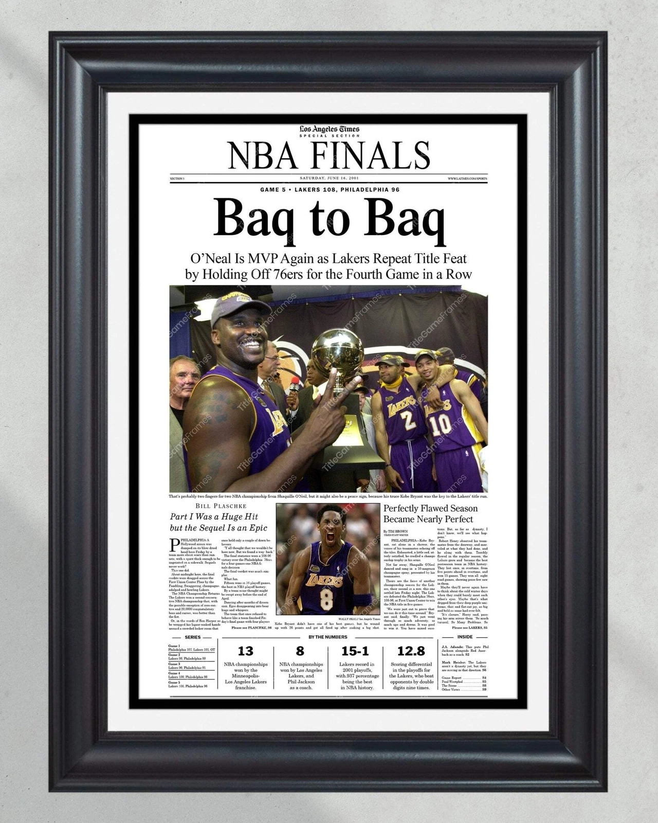 2001 Los Angeles Lakers NBA Champion UnFramed Front Page Newspaper Print