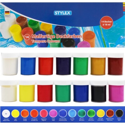 Stylex Deckfarben Schulmalfarben Malfarben Tempera malfertig 14 Becher 13 Farben