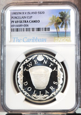 1985 B V ISLANDS SILVER 20 DOLLARS PORCELAIN CUP NGC PF 69 ULTRA CAMEO SCARCE