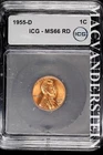 1955-D Lincoln Wheat Cent- ICG MS66 RD- Lustrous- No Reserve #SLA1213