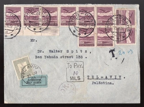 CZECHOSLOVAKIA Stamps 1939 Airmail Cover to PALESTINE Taxed; Postage Due