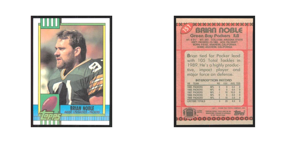 1990 Topps Brian Noble Packers #151 - Image 3 of 3