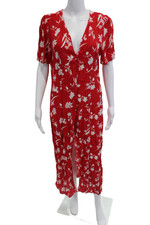 Zara Woman Women Maxi Shirt Dress Red V-Neck Floral Button Short Sleeve Size L