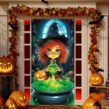LOAVER Halloween Door Cover Decoration,Large Halloween Front Door Cover Witch Ca