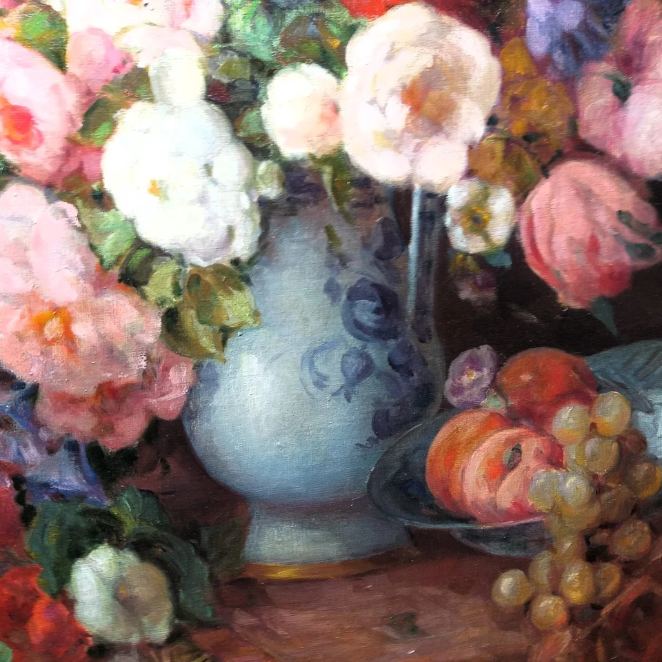 THEODOR BECHER ALEMANIA 1889-1948 OSTENTOSO BODEGON DE FLORES O/L 90X70 CMS - Imagen 4 de 4