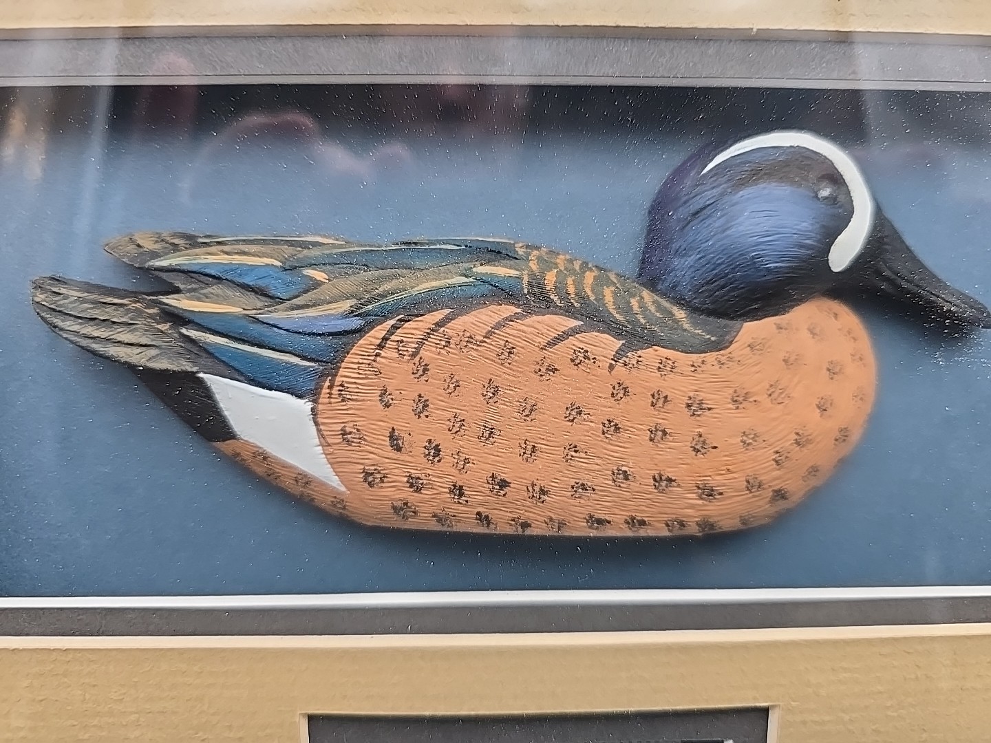 Culbertson's Ducks Framed Duck stamp with Carved Wood Duck Decoy Ducks Unlimited