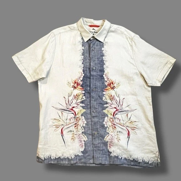 Tommy Bahama Relax Hawaiian Shirt 100% Linen Tropical Flowers Button Up Large