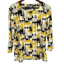 JM Collection Medium Super Stretchy Black Yellow Blouse Shirt Top Comfy Tropical