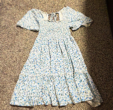 Women’s White Blue Floral Smocked Square Neck Puff Sleeve Midi Smock Dress