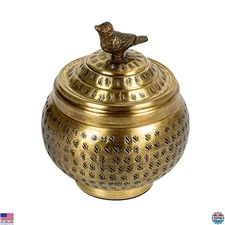 Creative Co-Op Round Hammered Metal Container with Bird Finial - Brass Finish