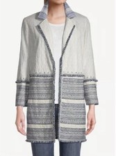 Chicos Eyelet Embellishment Open Jacket Blue White Quiet Luxury Costal Size 8-10