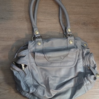 George Gina & Lucy Gray Shoulder Bag Gold Hardware Zipper Button Accent Women s