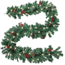 Pre-lit 9ft Christmas Garland with Red Berries, Pine Cones & 50 LED Lights