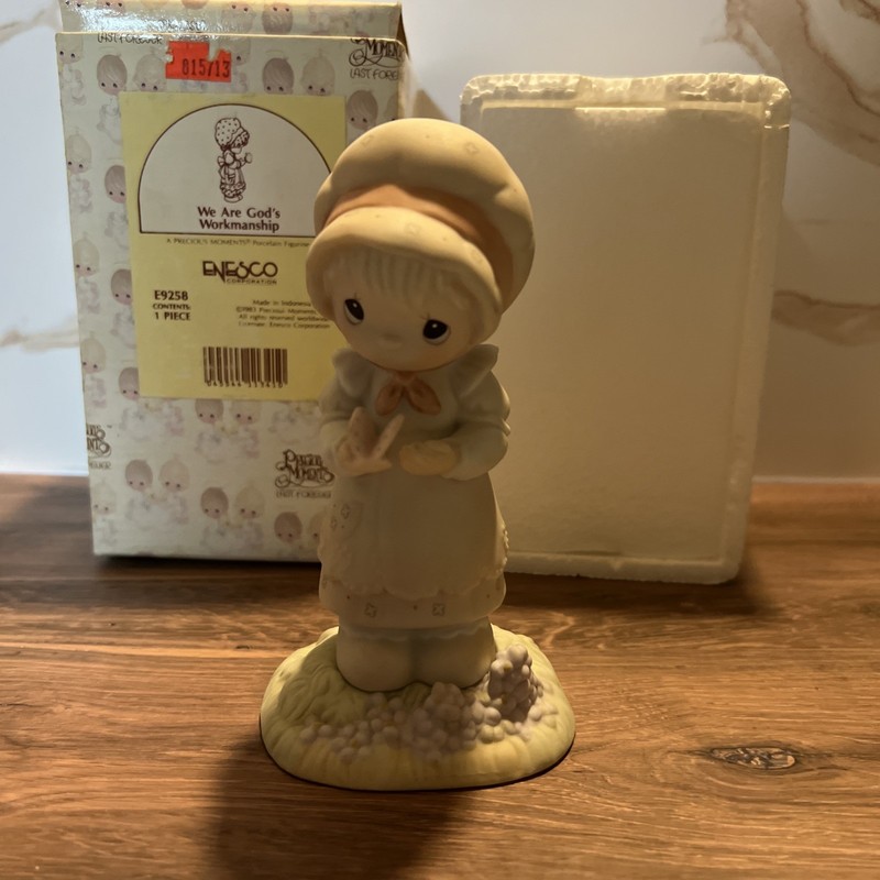 1982 Precious Moments We Are God's Workmanship #E-9258 Girl w/ Butterfly w/ Box