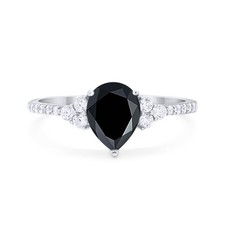 Pear Teardrop Natural Black Onyx Cluster Wedding Ring 925 Sterling Silver