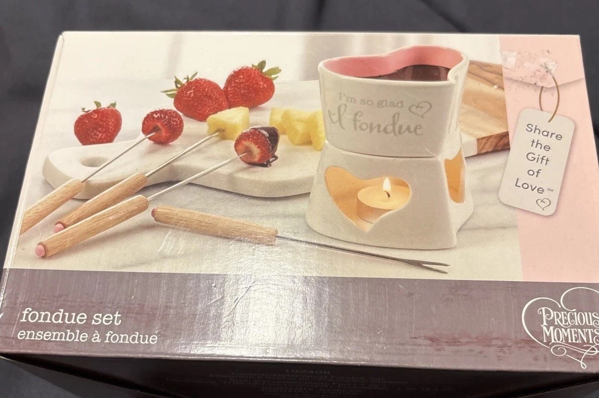 PRECIOUS MOMENTS White & Pink Heart Shaped Mini Ceramic 5pc Fondue