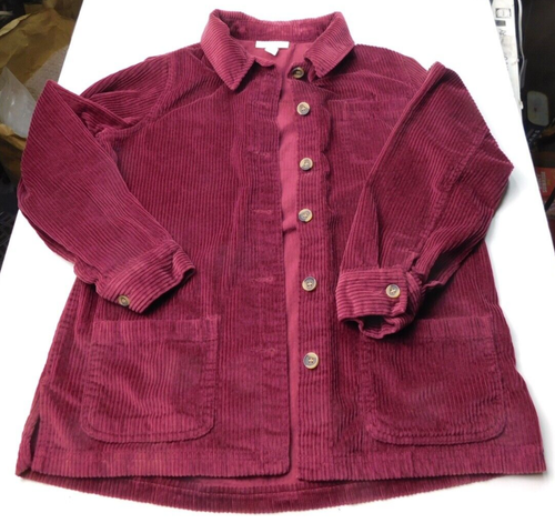 Vintage 90s Corduroy Shacket Shirt Jacket Dark Red Chore Button Women's Size Med - Picture 2 of 7
