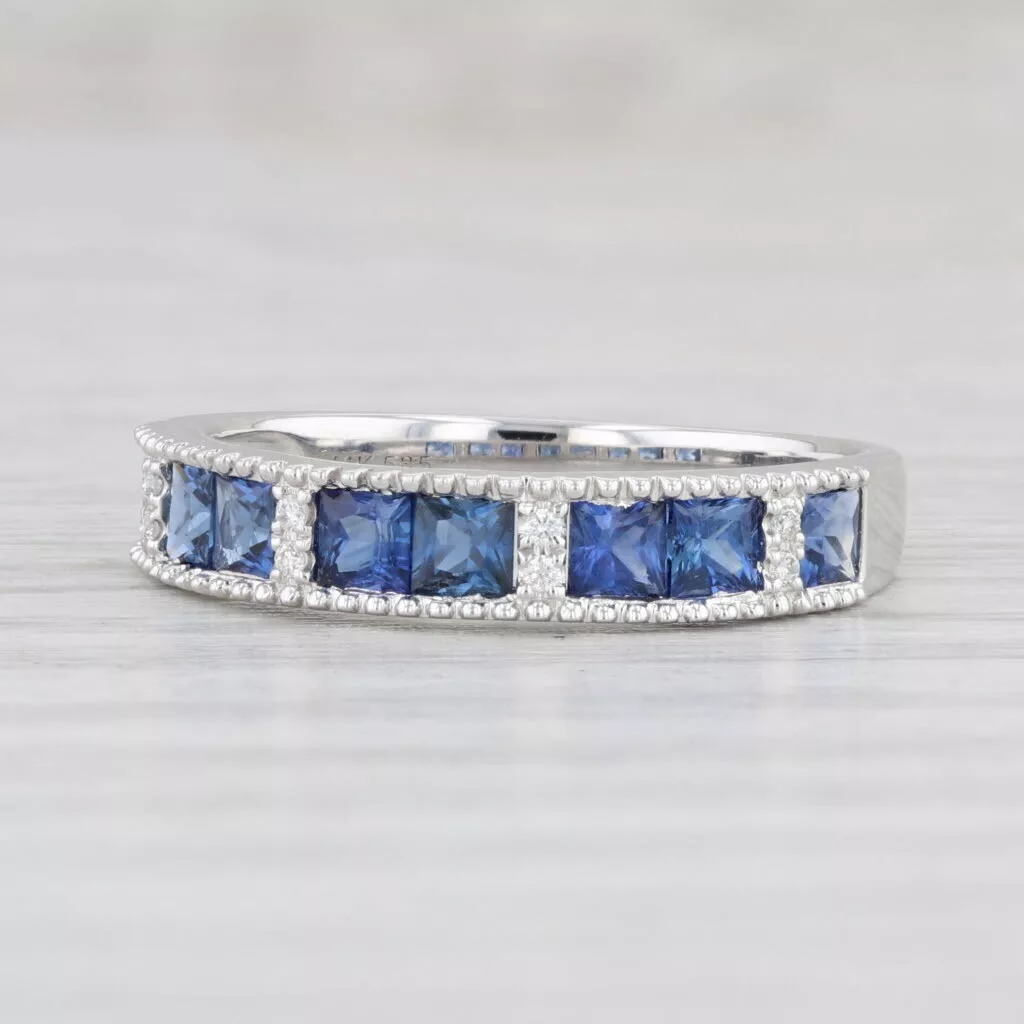 New 0.94ctw Blue Sapphire Diamond Stackable Ring 14k White Gold Sz