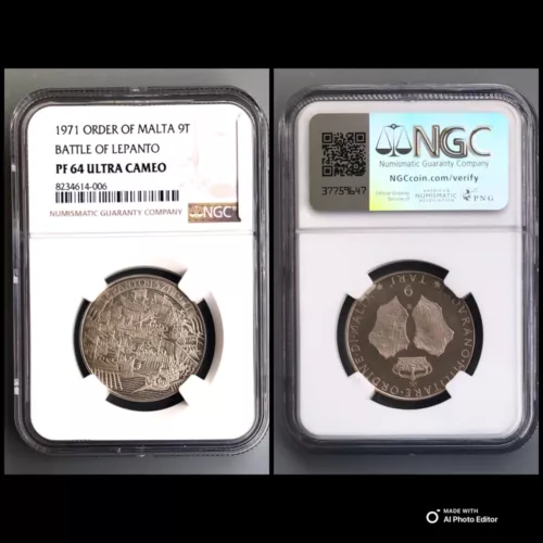 Order of Malta , Silver 9 Tari 1971 Battle of Lepanto PF64 UCAMEO NGC