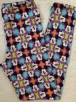 LuLaRoe Disney Leggings OS Winking Mickey Mouse on Purple Orange Mint Green