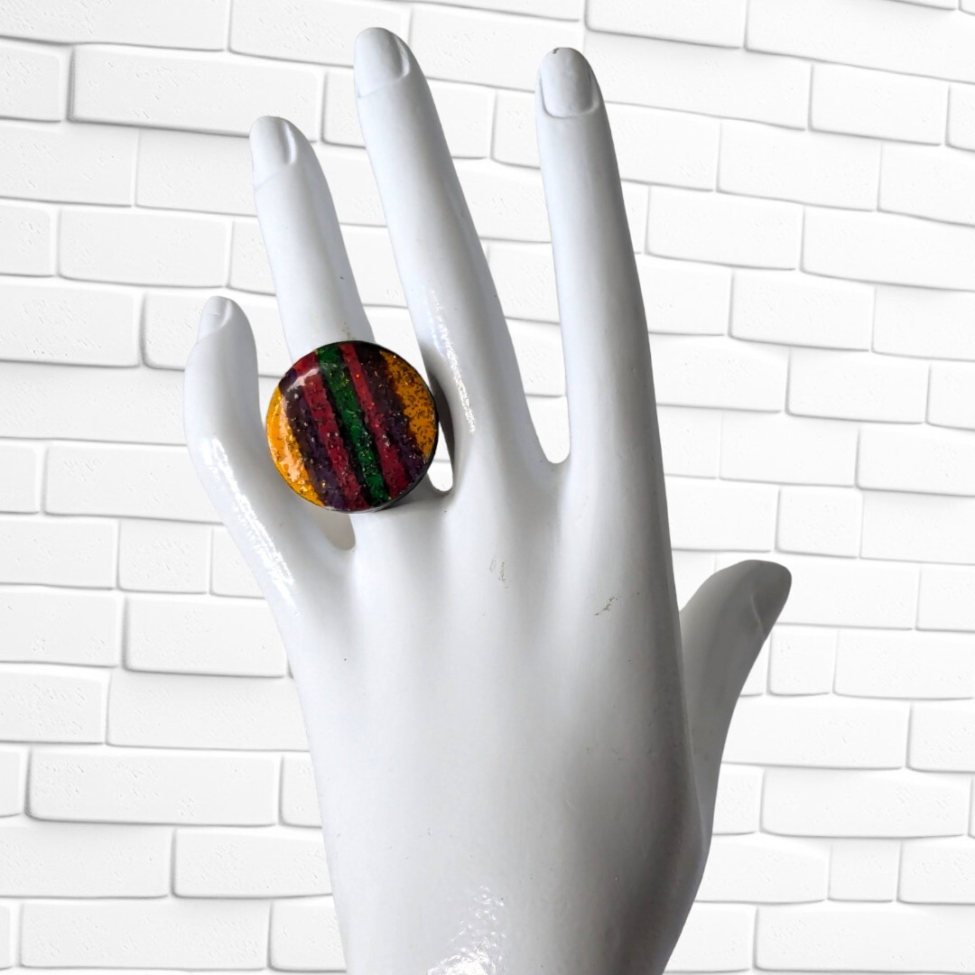 Vintage Adjustable Ring Round Rainbow Striped Fus… - image 2