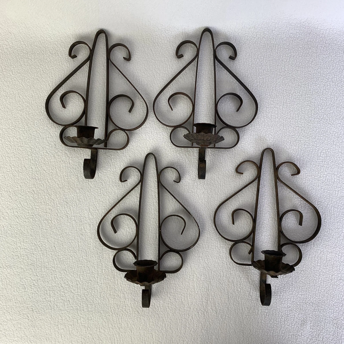 Set Of 4 Vintage Black Metal Wall Sconces Wrought Iron Candle