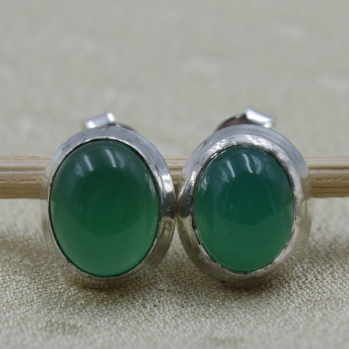 Ohrstecker Sterling Silber 925 Chalcedon Grün Cabochon Jade Ohrringe Oval - Bild 2 von 5
