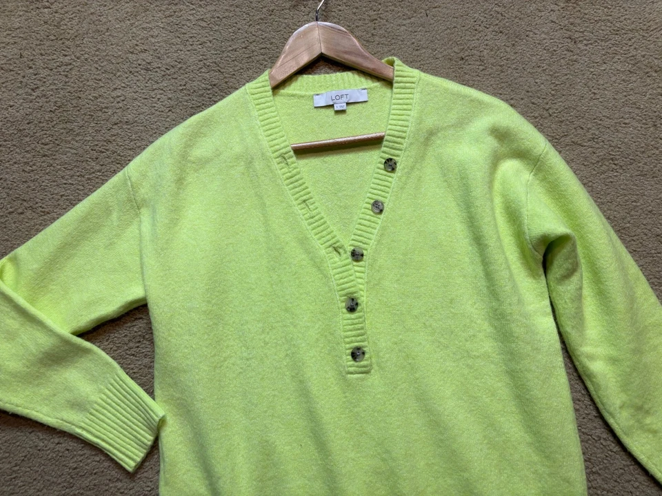 LOFT Neon Yellow-Green Fluorescent Soft Henley Sweater Relaxed Cozy Oversized S - Image 4 of 4