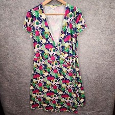 Boden Dress Womens 12R Blue Pink Floral Wraparound Tie Jersey Midi VNeck Stretch
