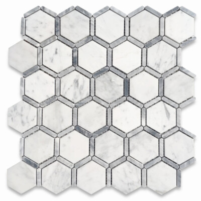 C327XH 2 Hexagon Carrara White Marble Bardiglio Gray Strip Tile Honed Venato