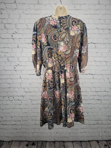 VTG California Looks Elastic Waist Button Up Front Floral 3/4 Sleeve Dress 14 - Picture 2 of 7