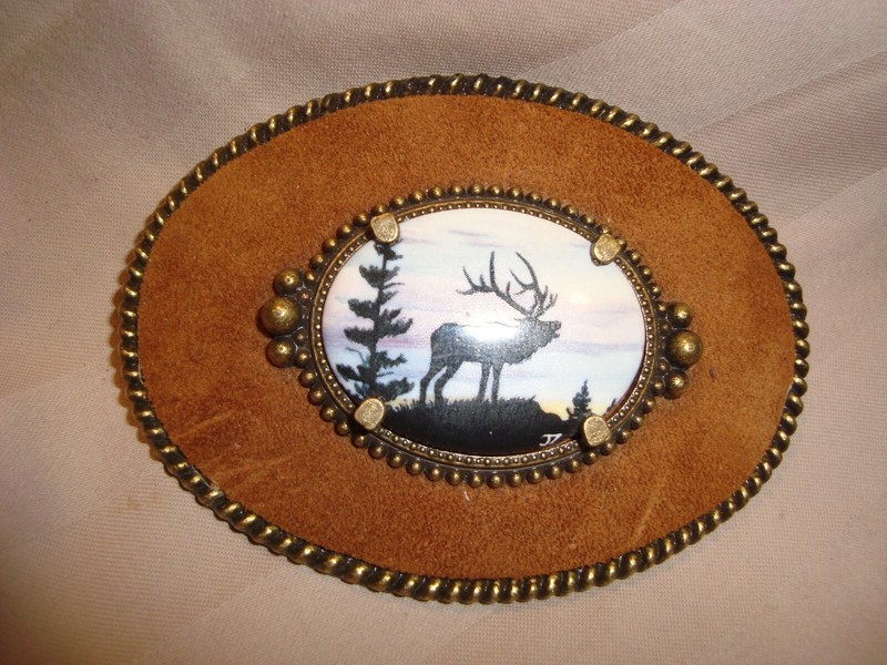 Vintage Brass & Suede Belt Buckle w/Painted Elk Design Insert, U.S.A.