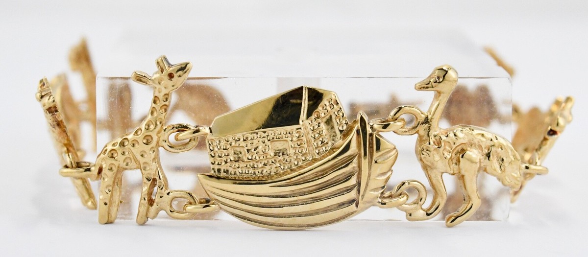 Estate 10K Yellow Gold Noah's Ark & Animals Linked Charm Bracelet