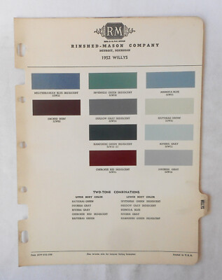 1952  WILLYS  R-M  COLOR PAINT CHIP CHART ALL MODELS ORIGINAL