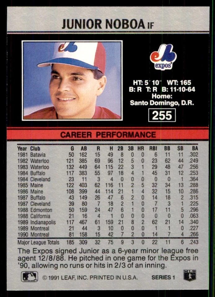 1991 Leaf Junior Noboa Montreal Expos #255 - Image 2 of 2