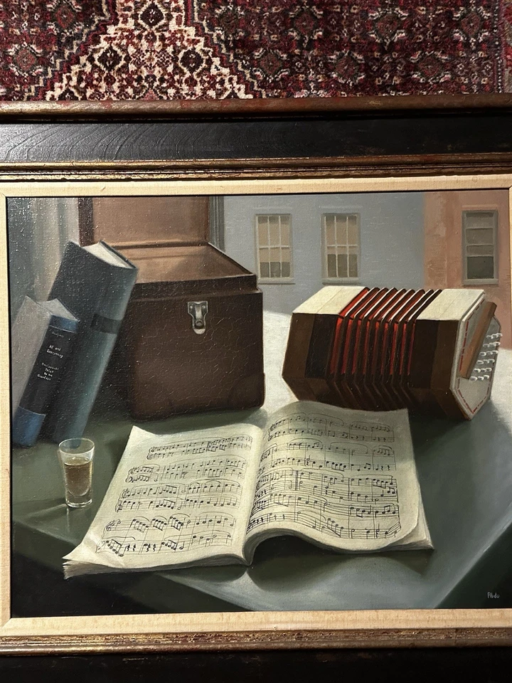 Acordeón musical pintura al óleo bodegón bellas artes de mediados de siglo FIRMADO ABDO. Foto 3 de 4