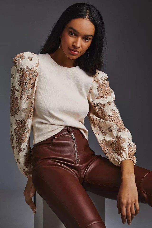 NWOT Anthropologie DOLAN Lace Puff-Sleeve Top Cream Size M Long sleeve - Image 2 of 4