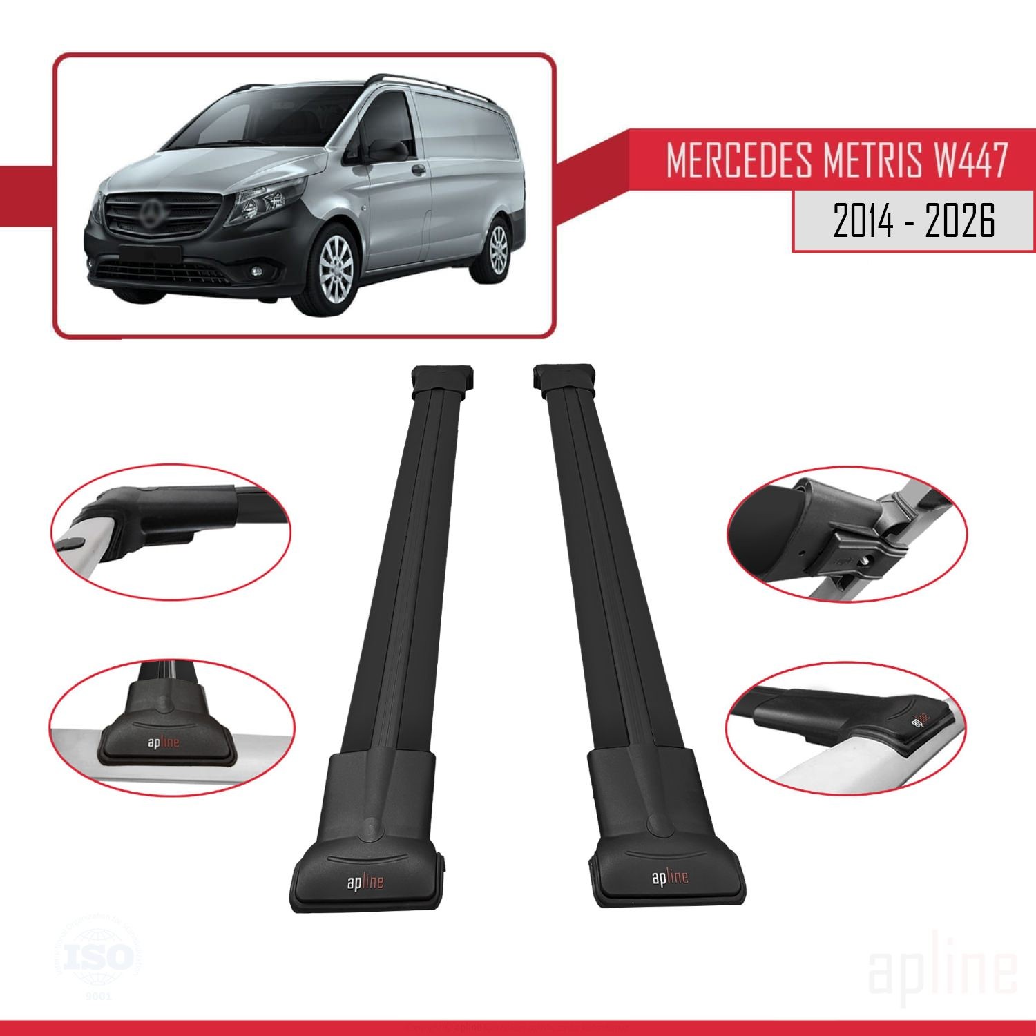 Barres de toit noir Mercedes Metris W447 de 2014 à 2026 modèle FLY en aluminium robustes