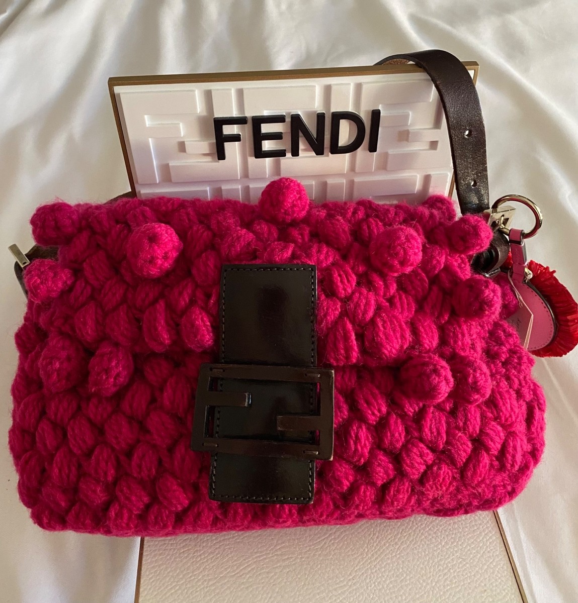 FENDI Vintage Fuchsia Popcorn Crochet Knit Shoulder Baguette Bag